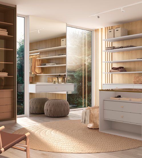 Render de closet planejado com prateleiras em madeira clara, ilha central e vista para o jardim