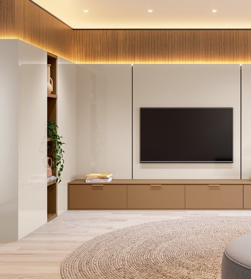 Render de sala com painel ripado iluminado, rack em tom terroso e tapete de fibra natural